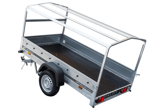 Auto Anhänger 230x125 Garden Trailer 230 KIPP Unitrailer 750 kg mit Stützrad, blauer Hochplane und Hochspriegel