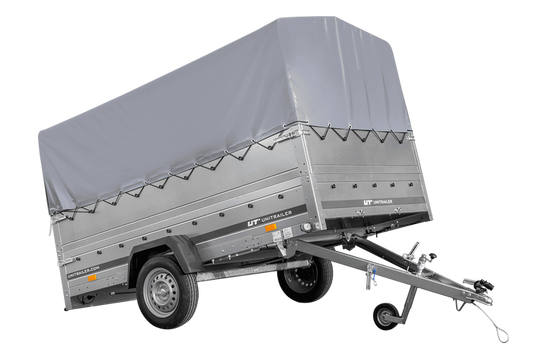 Einachsanhänger 264x150 UNITRAILER GARDEN 265 KIPP mit zusätzlichen Bordwänden, H-800-Rahmen und grauer Plane